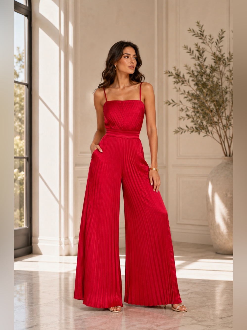New Flying Tomato Sleeveless Pleated Wide Leg Jumpsuit – Red – Size Small